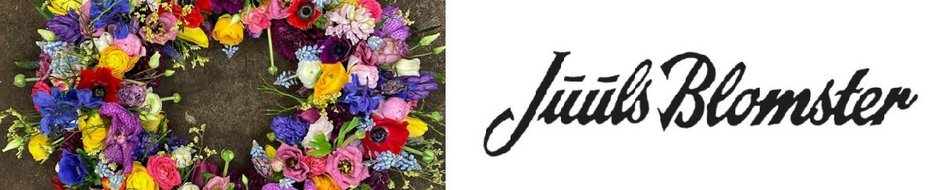 Blomsterkrans dekoreret med farverige blomster i forskellige nuancer, ledsaget af teksten "Juu's Blomster" i en elegant skrifttype.