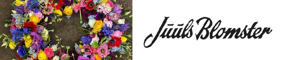 Blomsterkrans dekoreret med farverige blomster i forskellige nuancer, ledsaget af teksten "Juu's Blomster" i en elegant skrifttype.
